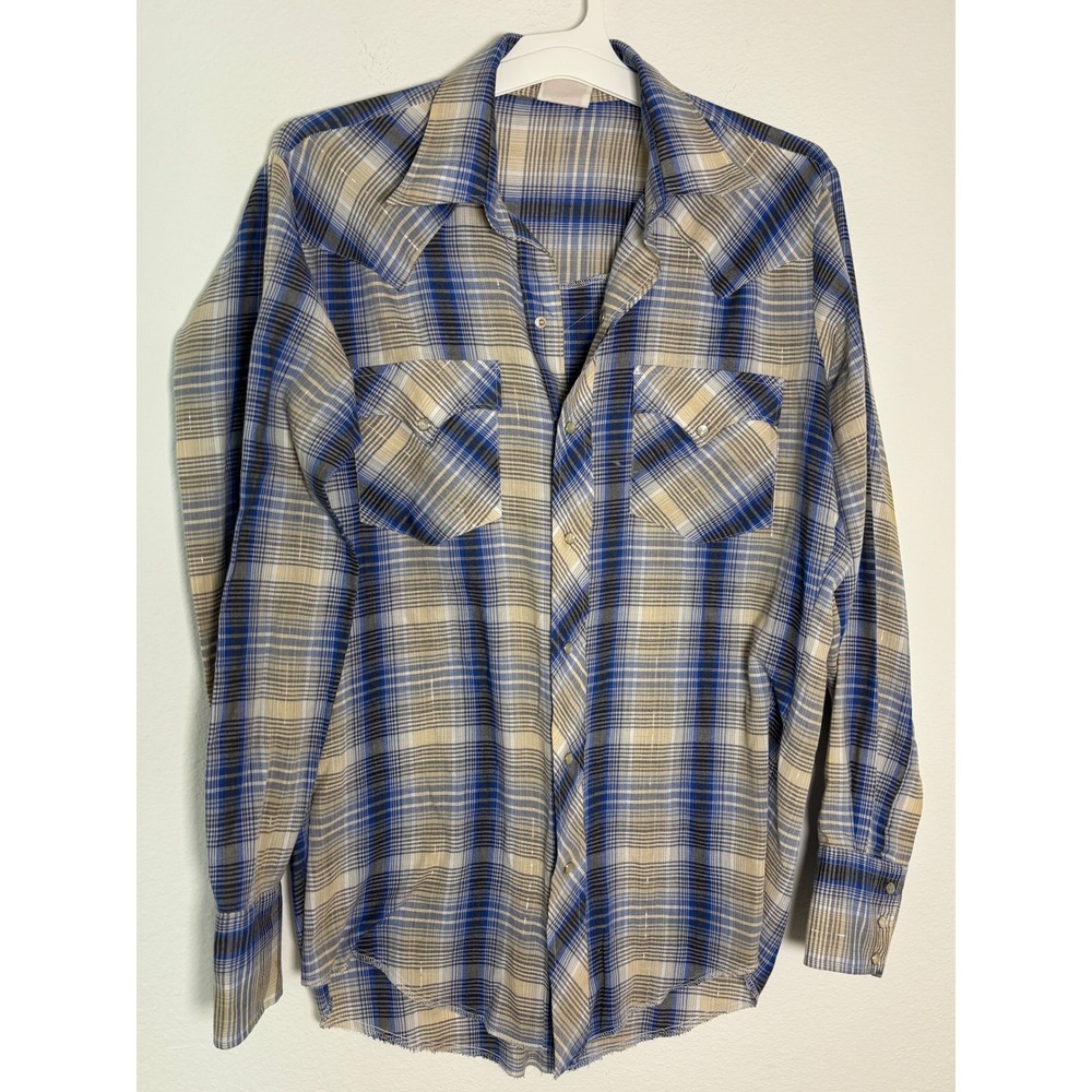 Vintage Western Fashions‎ Plaid Pearl Snap Shirt Blue Metallic Tinsel Cowboy L
